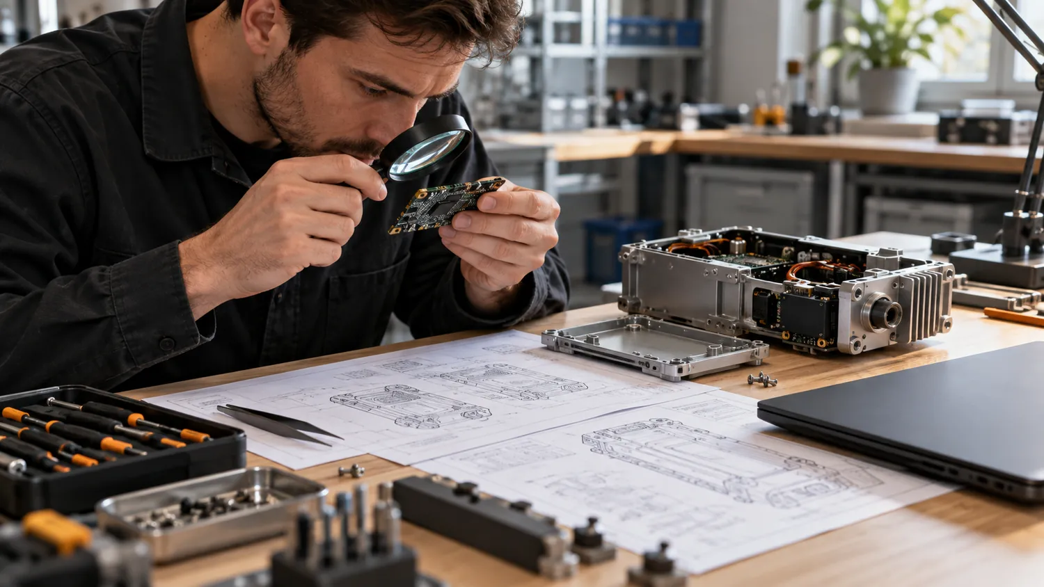 Engineer examining a circuit board beside industrial hardware and technical drawings