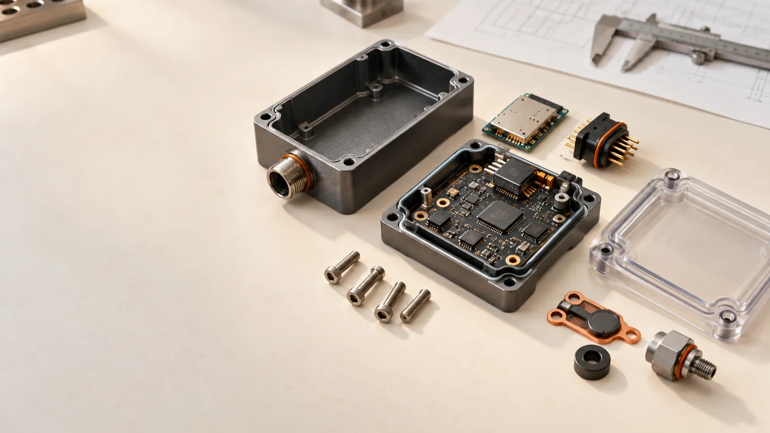 Exploded connected sensor showing enclosure and embedded circuit board
